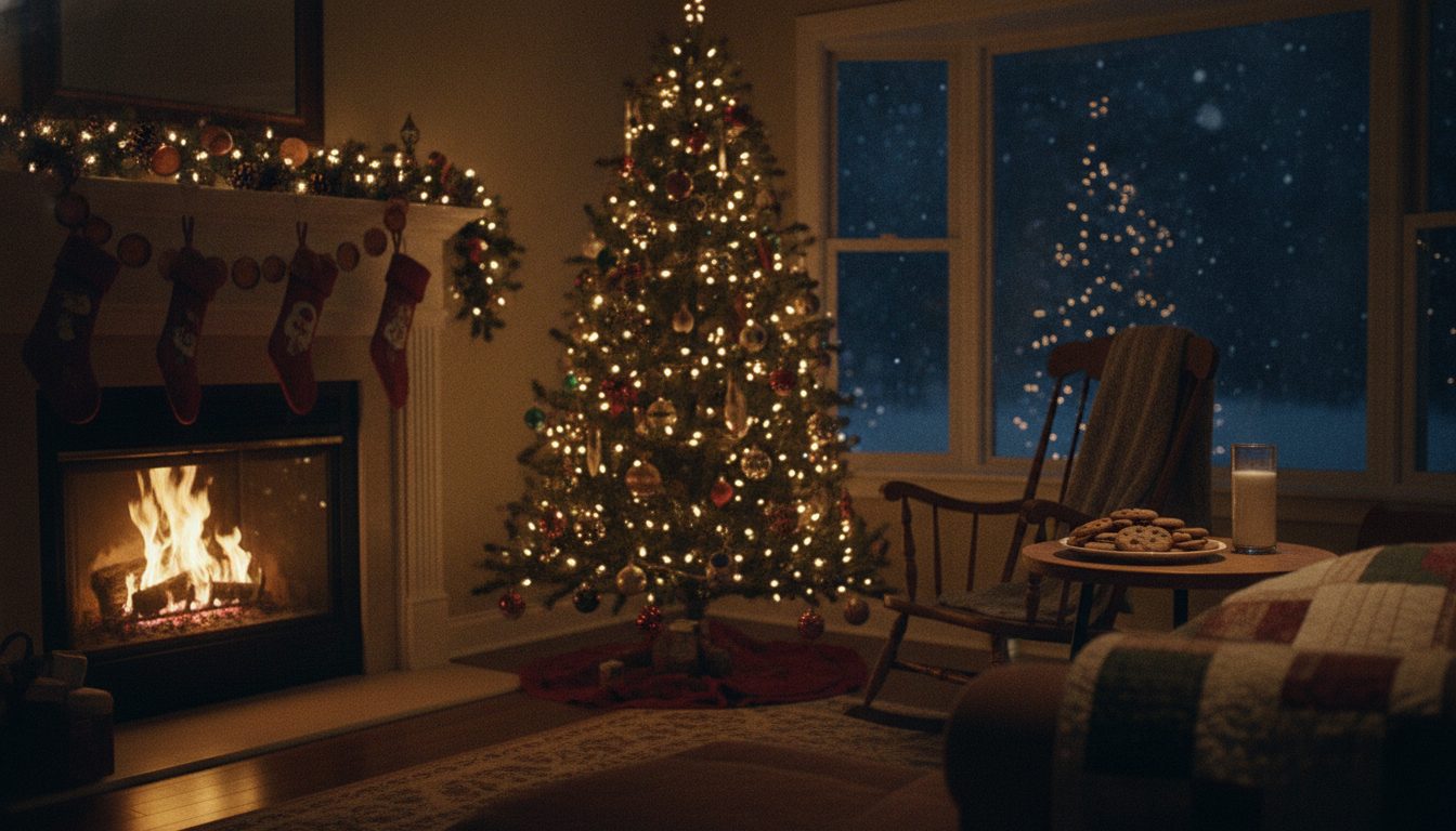 A fire lit in the hearth with stockings on the mantel and a decorated tree beside it