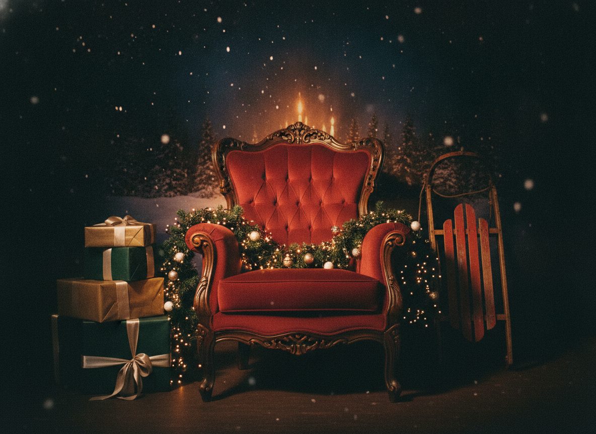 A crimson velvet chair on a portrait studio Christmas set with garland and warm lights